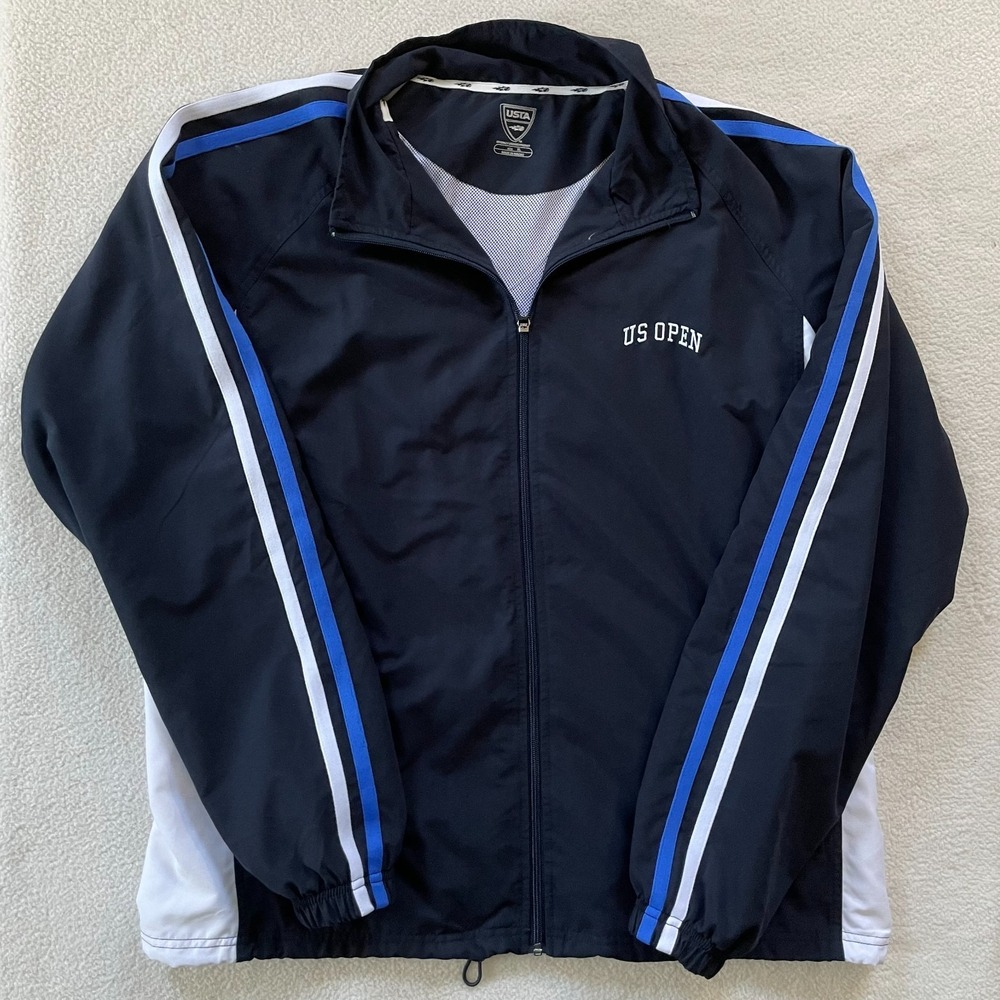 USTA Mens Extra Large Track Jacket Navy Blue US Open Tennis Striped Windbreaker